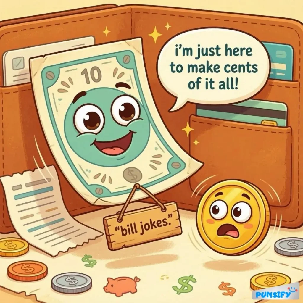 Happy bill and coin in a wallet with money and coins around them, sharing jokes.