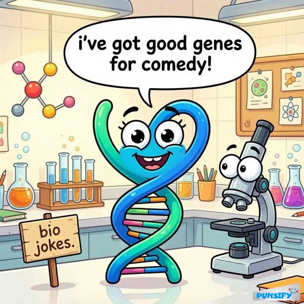A smiling DNA strand with big eyes, joking about its comedy genes in a lab.