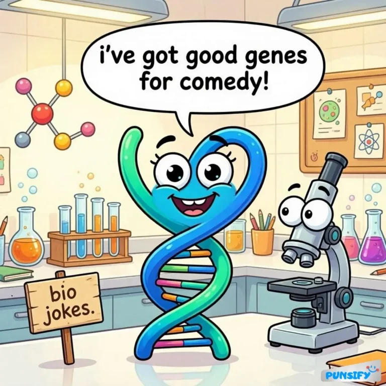 A smiling DNA strand with big eyes, joking about its comedy genes in a lab.
