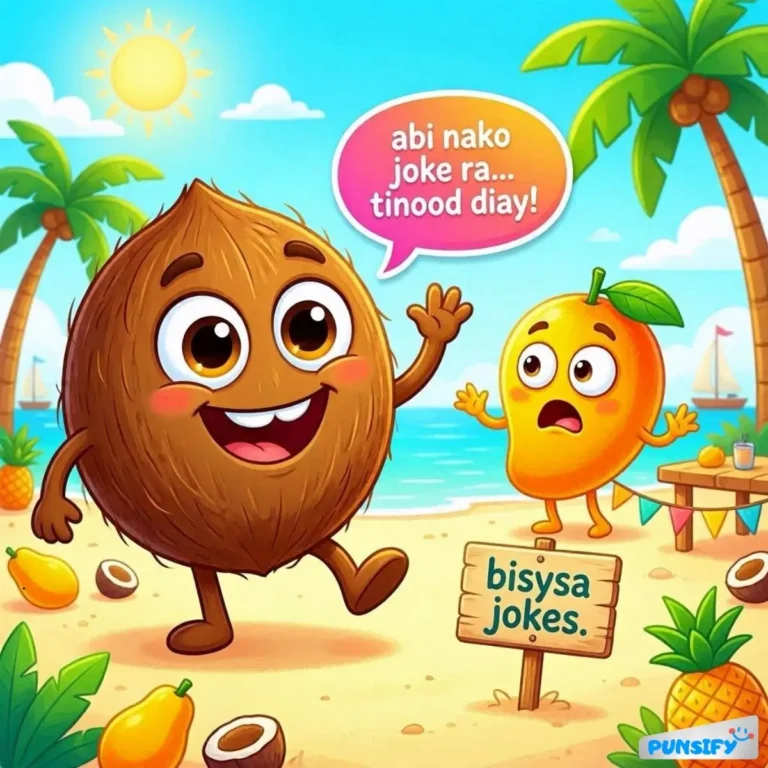 A cheerful coconut and mango sharing jokes on a sunny beach.
