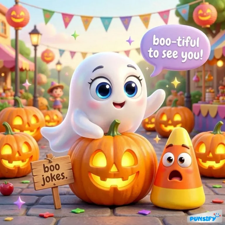 Cheerful ghost with pumpkins and candy corn, saying 'boo-tiful to see you!'