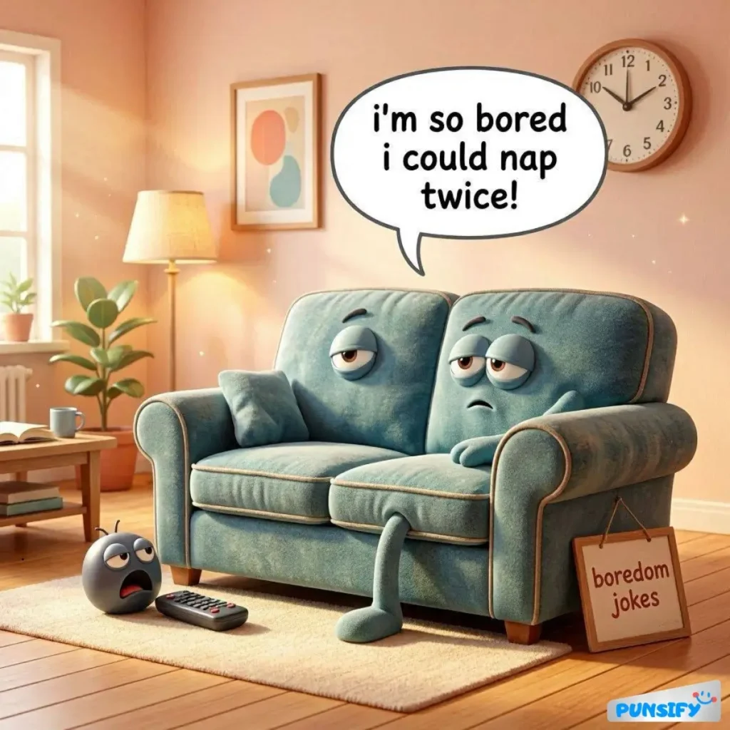 Two bored characters on a couch with a speech bubble saying, "I'm so bored I could nap twice!"