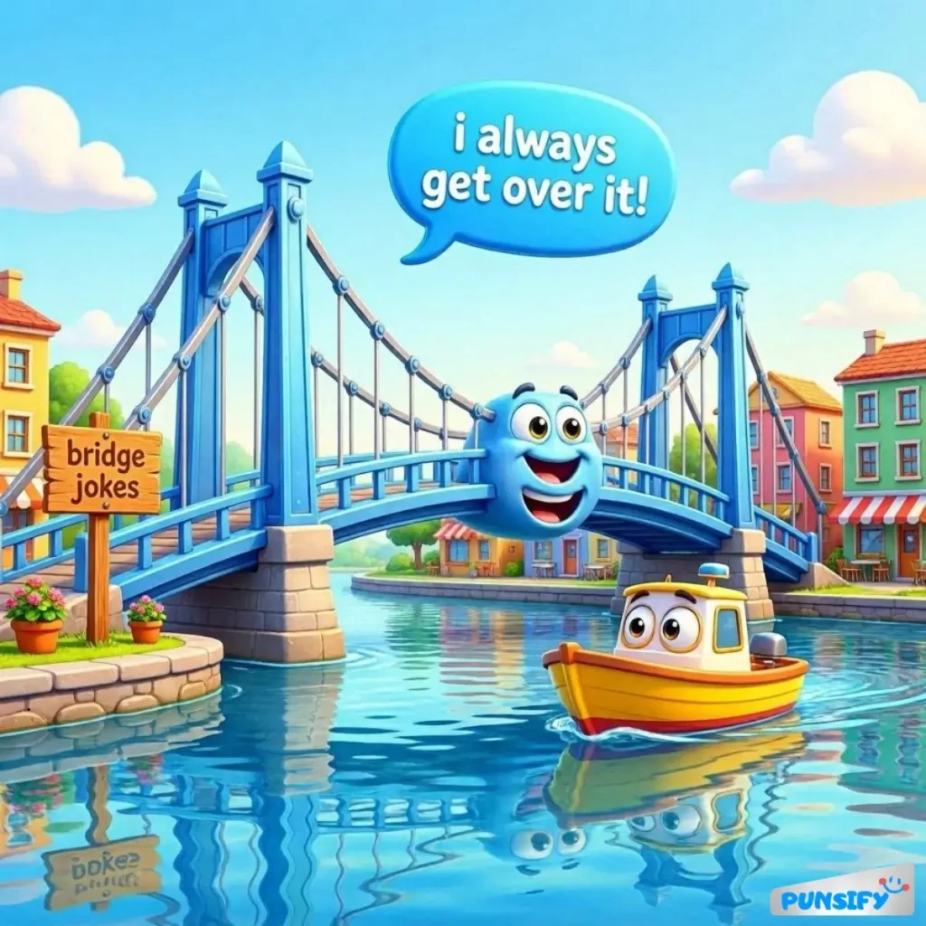 A cheerful blue character on a bridge with a boat below, saying, 'I always get over it!'