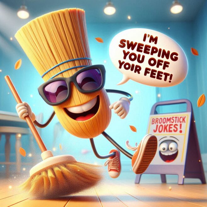A smiling broom with sunglasses dancing and holding a broomstick, saying, "I’m sweeping you off your feet!"