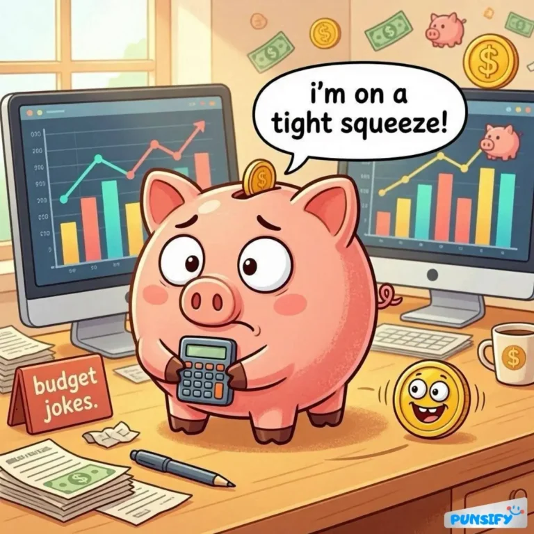 A worried piggy bank calculating finances with graphs and dollar signs in the background.