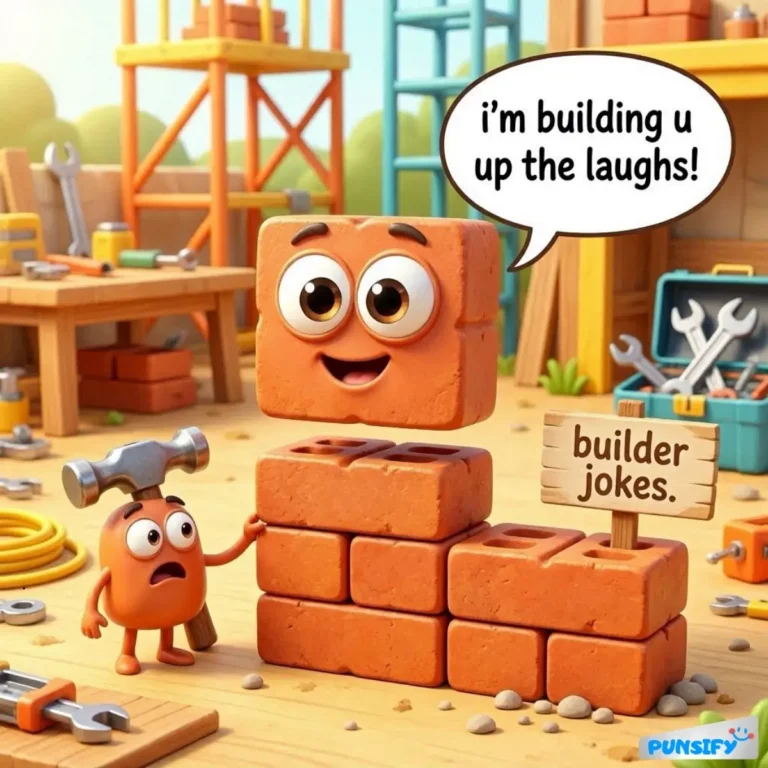 Two cartoon bricks in a workshop, one says, "i'm building u up the laughs!"