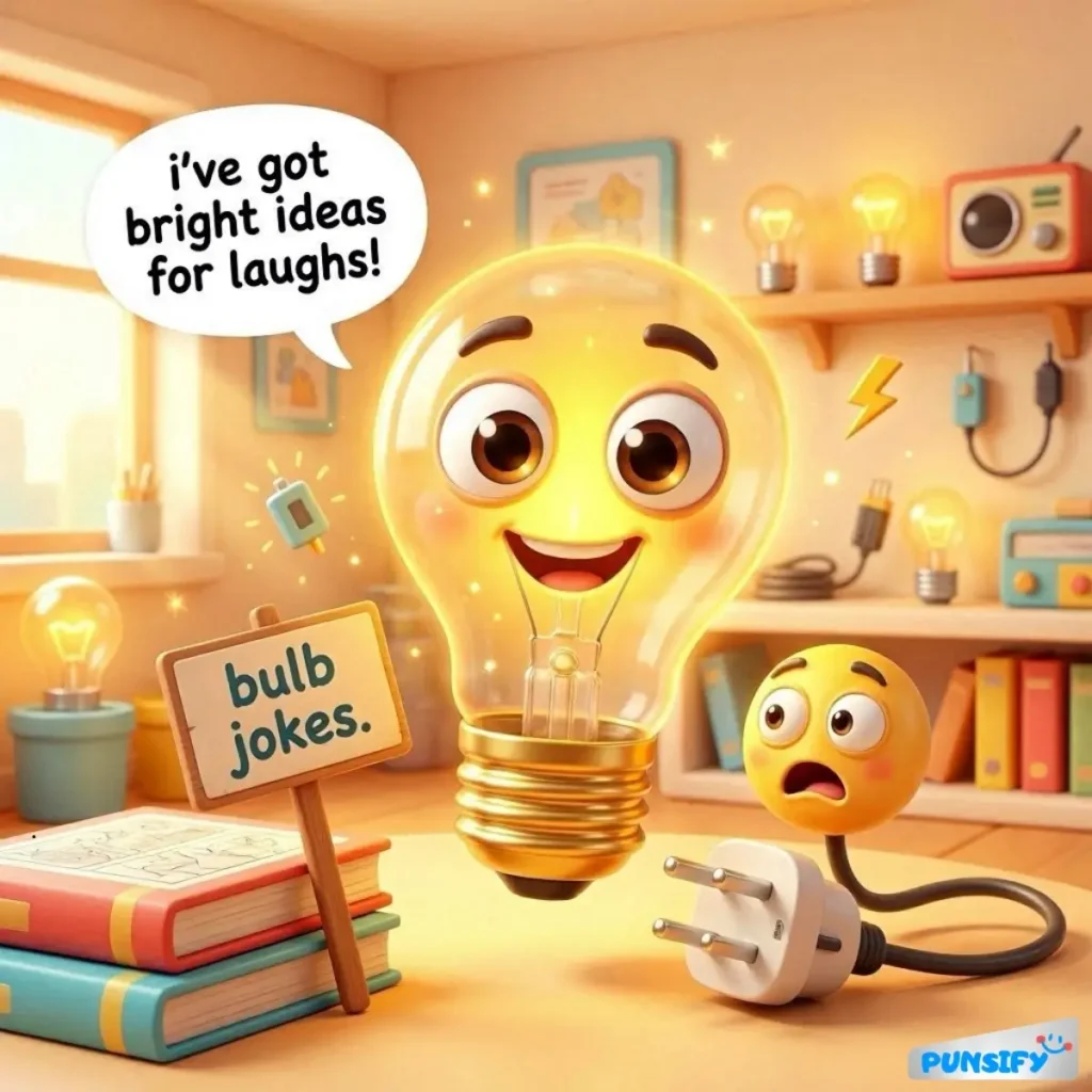 A cheerful light bulb with a face and a small plug, sharing jokes in a cozy room.