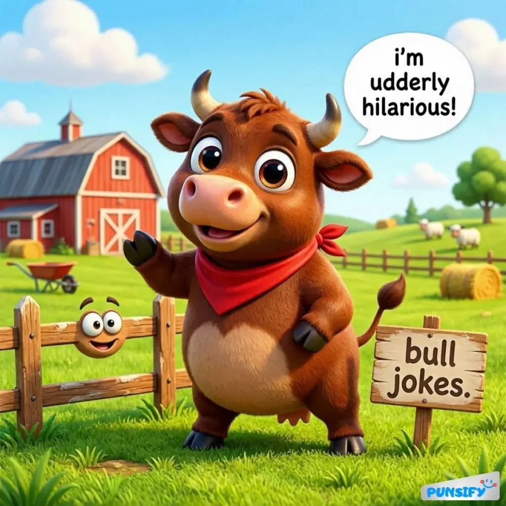 A cheerful cow in a farm setting saying 'I'm udderly hilarious!' with a smiling fence post.