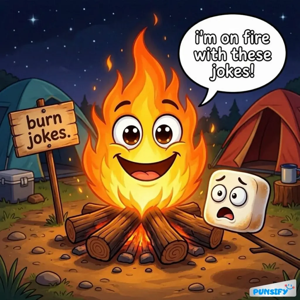 A smiling campfire with a marshmallow beside it, both in a forest setting.
