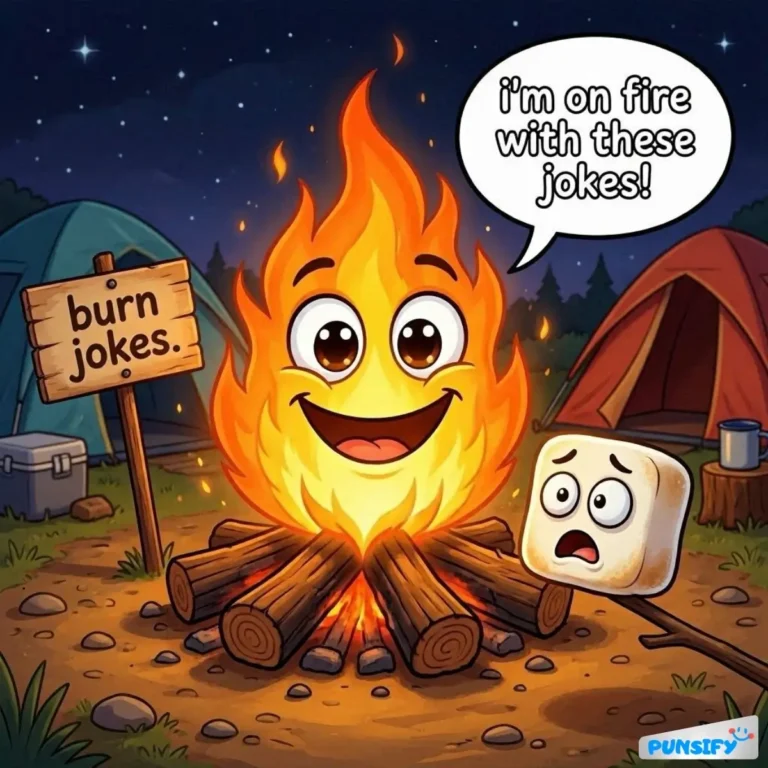 A smiling campfire with a marshmallow beside it, both in a forest setting.