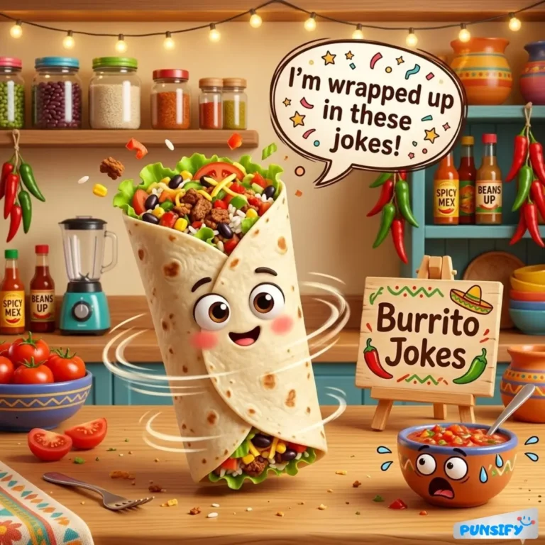 A cheerful burrito with a face spins in a kitchen, surrounded by ingredients and a sign for jokes.