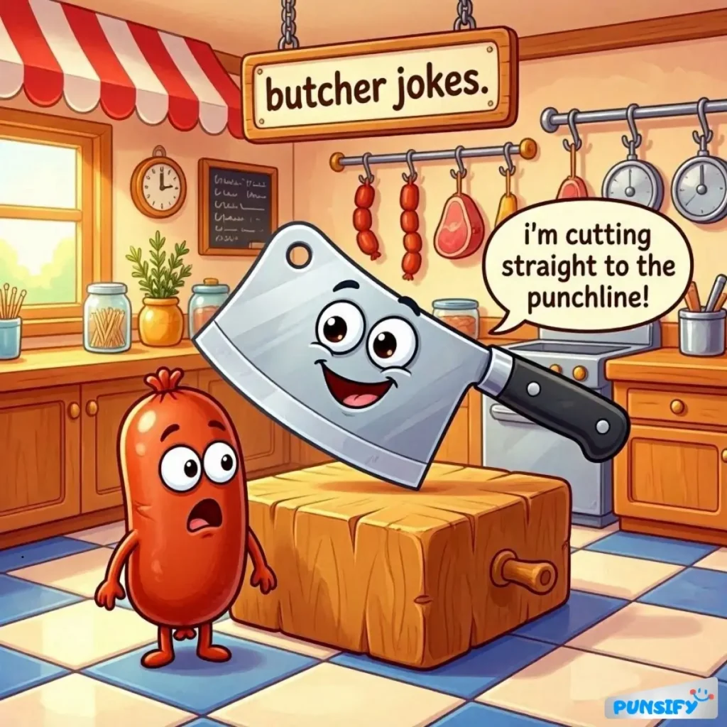 A happy cleaver talks to a surprised sausage in a butcher shop.