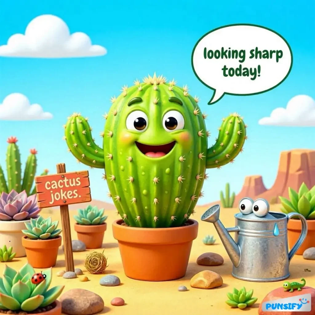 Cactus with a smiling face and a speech bubble saying 'looking sharp today!'
