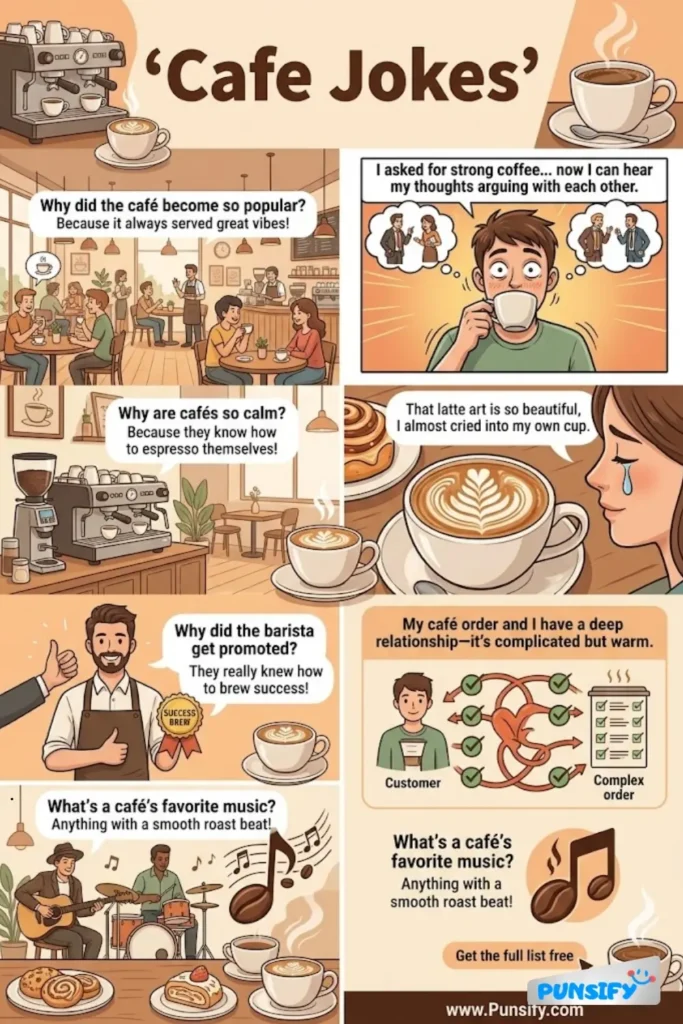 167+ Hilarious Cafe Jokes & Puns Brewing Laughter Stronger Than Your Morning Cup!