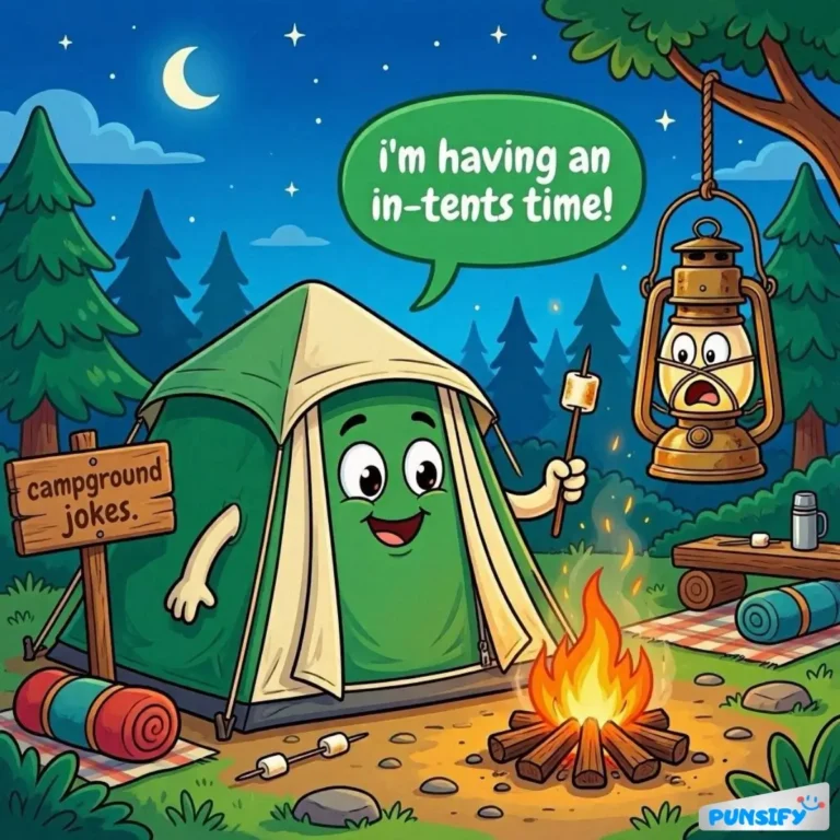 Green tent with a speech bubble saying 'I'm having an in-tents time!'