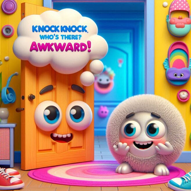 A fluffy character grinning beside an open door with a thought bubble.