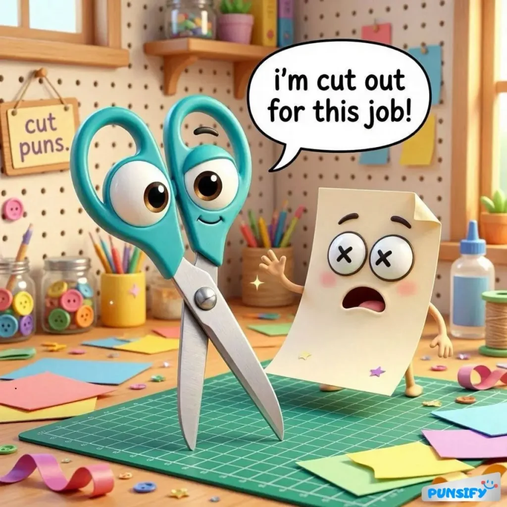 A pair of scissors with a smiling face beside a surprised paper character.
