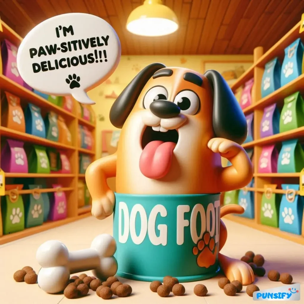 A joyful dog peeking out of a can labeled 'DOG FOOD' with a playful expression.