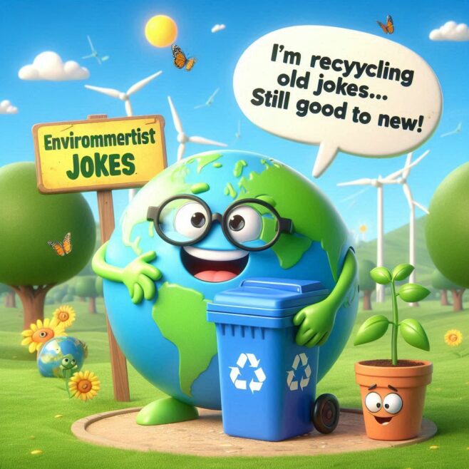 Smiling globe character recycling jokes with a friendly expression.