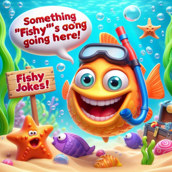 Smiling fish with snorkel and bubbles near a starfish and colorful fish.