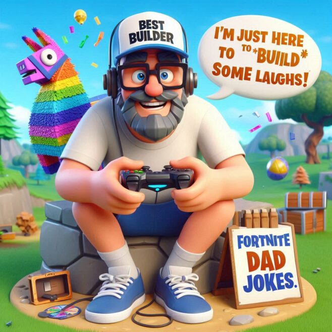 Builder with glasses gaming, surrounded by colorful llama and dad joke sign.