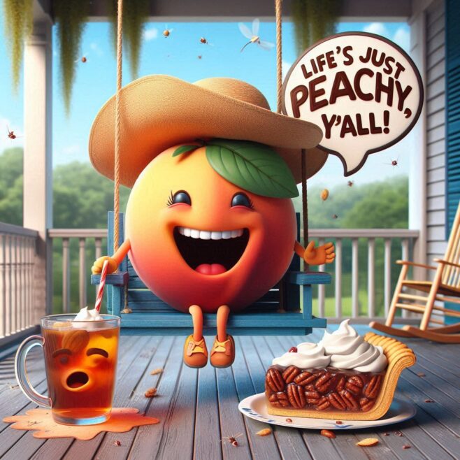 Cheerful orange character swings with iced tea and pecan pie, saying, "Life's just peachy, y'all!"