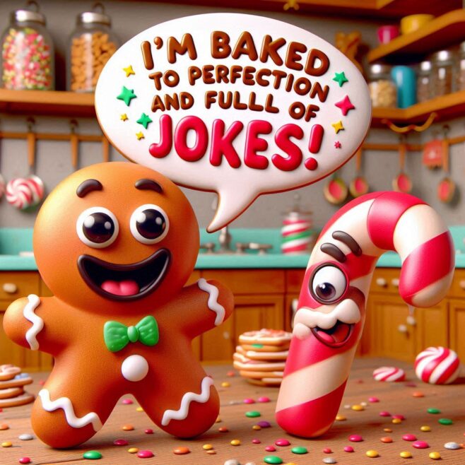 Gingerbread cookie and candy cane sharing jokes in a colorful kitchen.