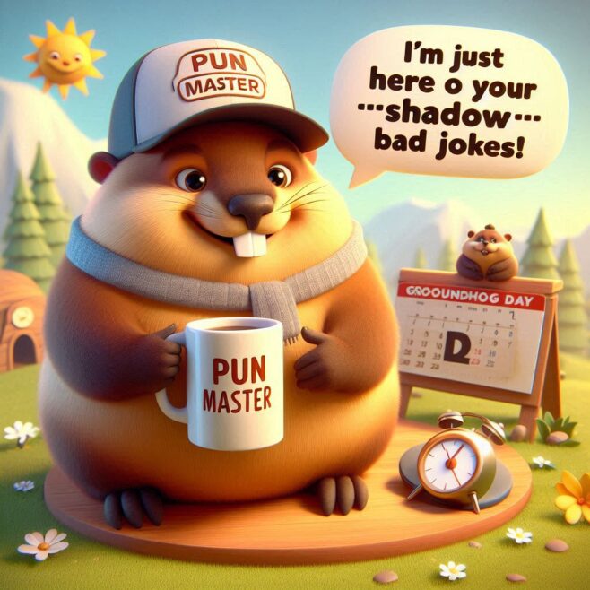 Groundhog holding a coffee mug, wearing a cap that says 'Pun Master', with a calendar marking Groundhog Day.