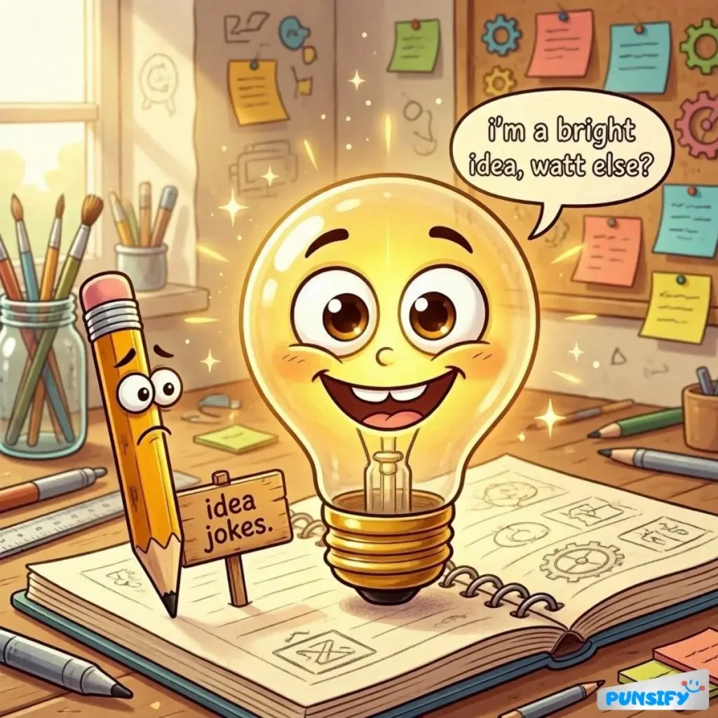 A smiling light bulb with a pencil beside it, showcasing a playful scene.