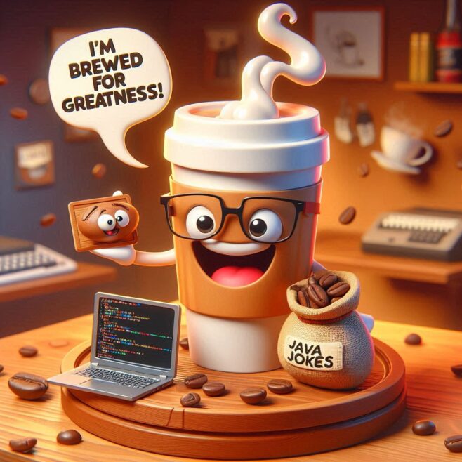 Coffee cup with glasses holding a photo and a laptop, with a bag of coffee beans nearby.