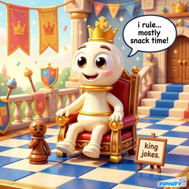 A jolly figure in a crown sits on a throne, holding a playful vibe with a chess piece looking sad.