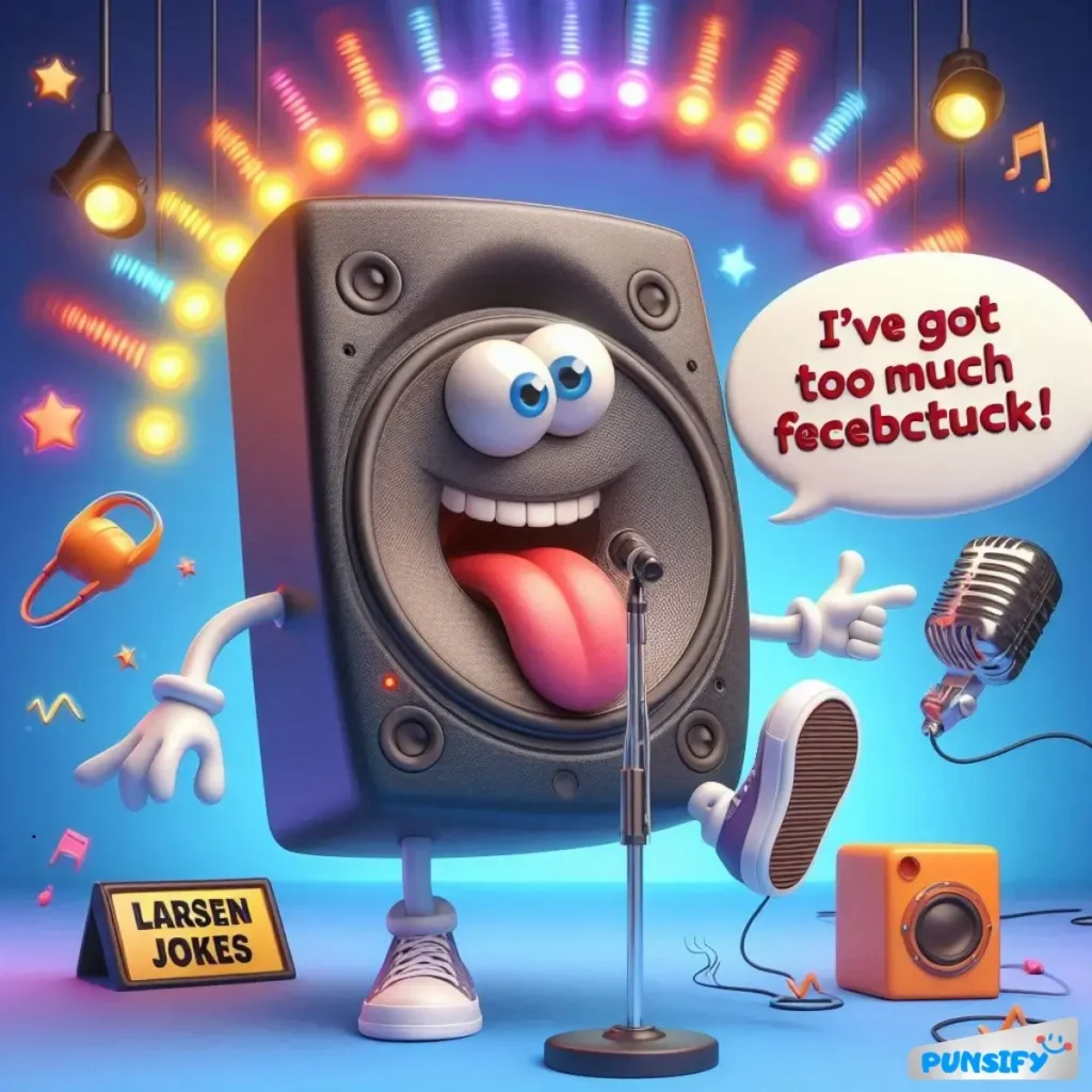 A lively speaker with arms and eyes, humorously sticking out its tongue, standing on stage.