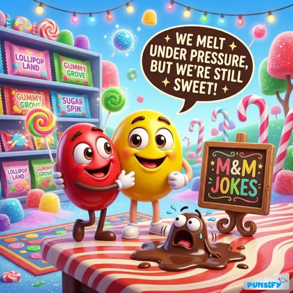 Two cheerful candies in a whimsical candy land, one red and one yellow, with a sad chocolate below.