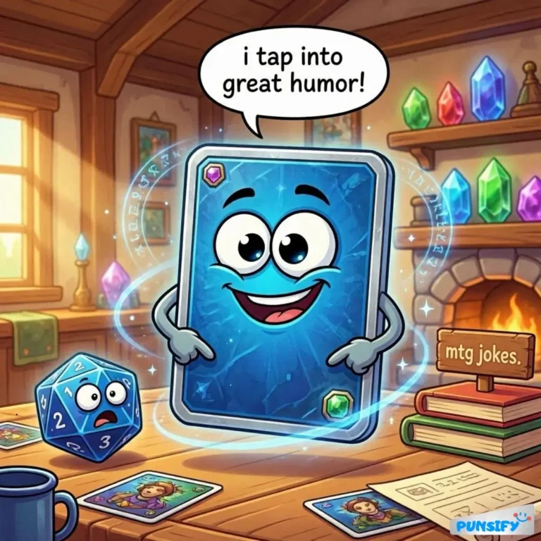 A cheerful blue card character with a smiling face and a shocked die beside it, sparkling humor around.