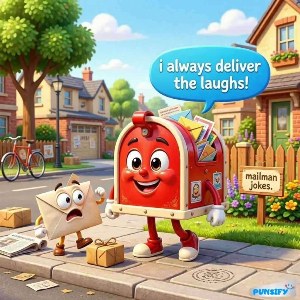 A friendly mailbox and an anxious letter exchange puns in a neighborhood.