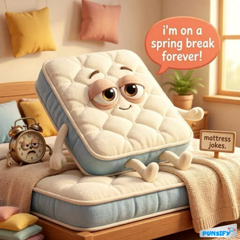 A mattress with a cheerful face lounging on a bed, saying, "I'm on a spring break forever!"