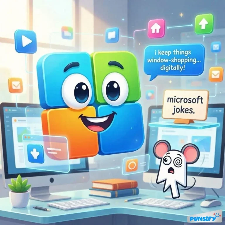 Smiling block character with speech bubbles and a ghost mouse beside two computer screens.