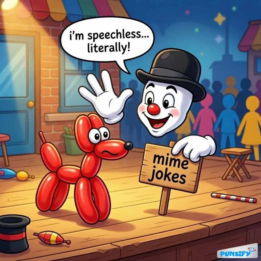 A clown with a balloon dog on stage, holding a sign that says 'mime jokes.'