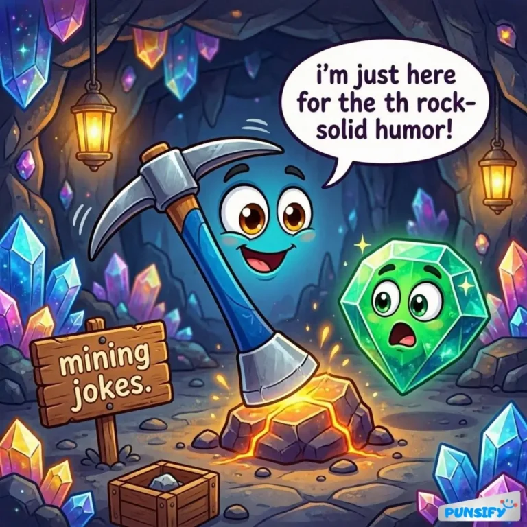 Cheerful blue miner with a pickaxe in a sparkling cave, joking about rock-solid humor.