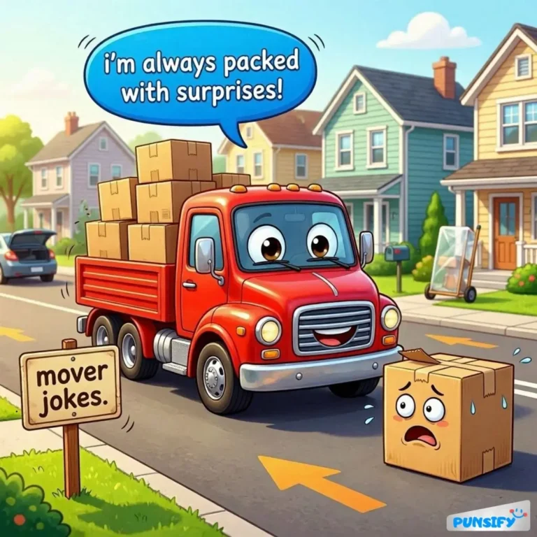 A red truck filled with boxes, with a surprised box character beside it.
