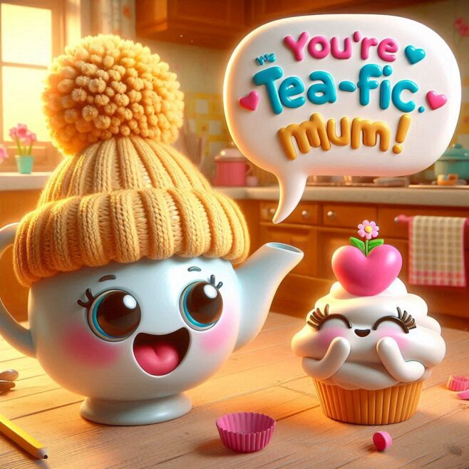 Teapot with a cozy yellow hat and a cheerful cupcake in a kitchen, both smiling.