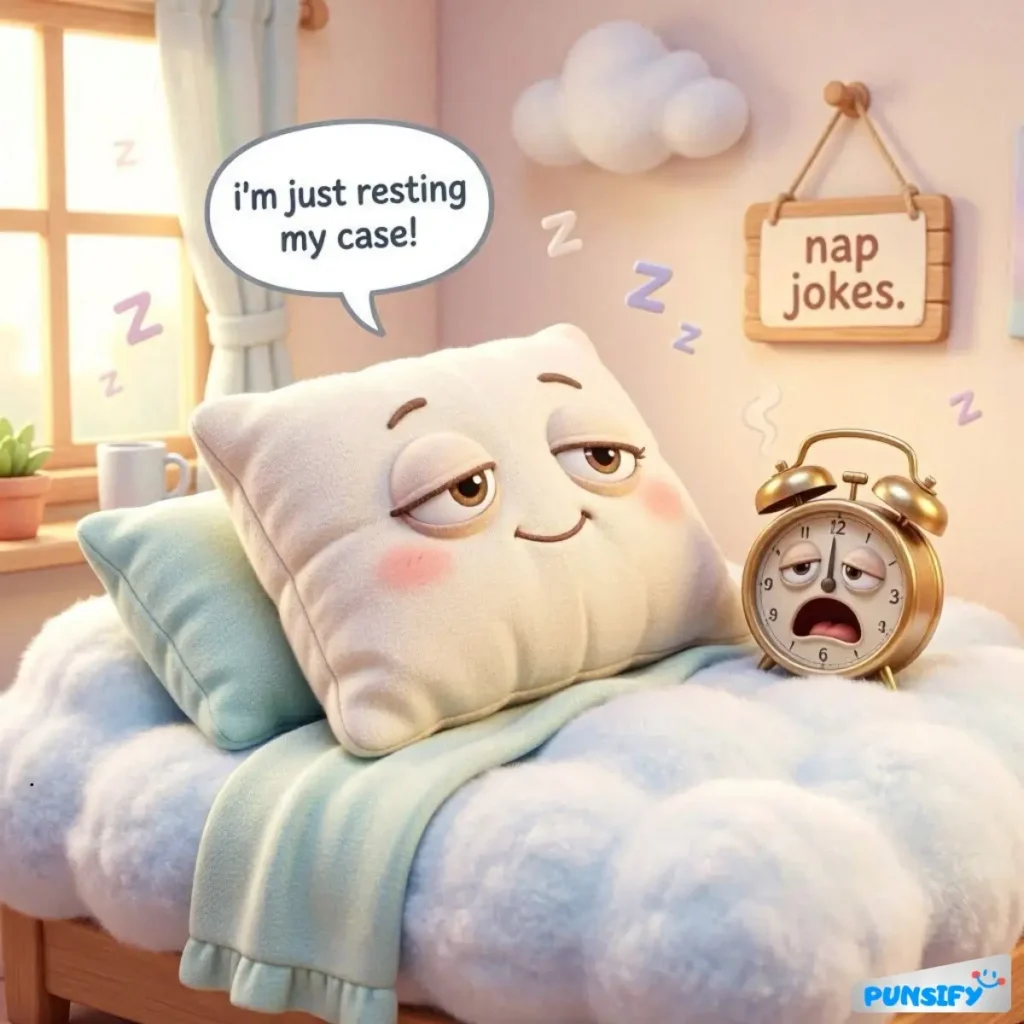 A sleepy pillow with a face and an alarm clock, both expressing humor about naps.