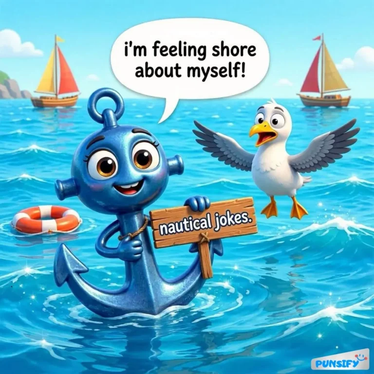 An anchor with a cheerful face holds a sign reading 'nautical jokes' while a seagull flaps nearby.