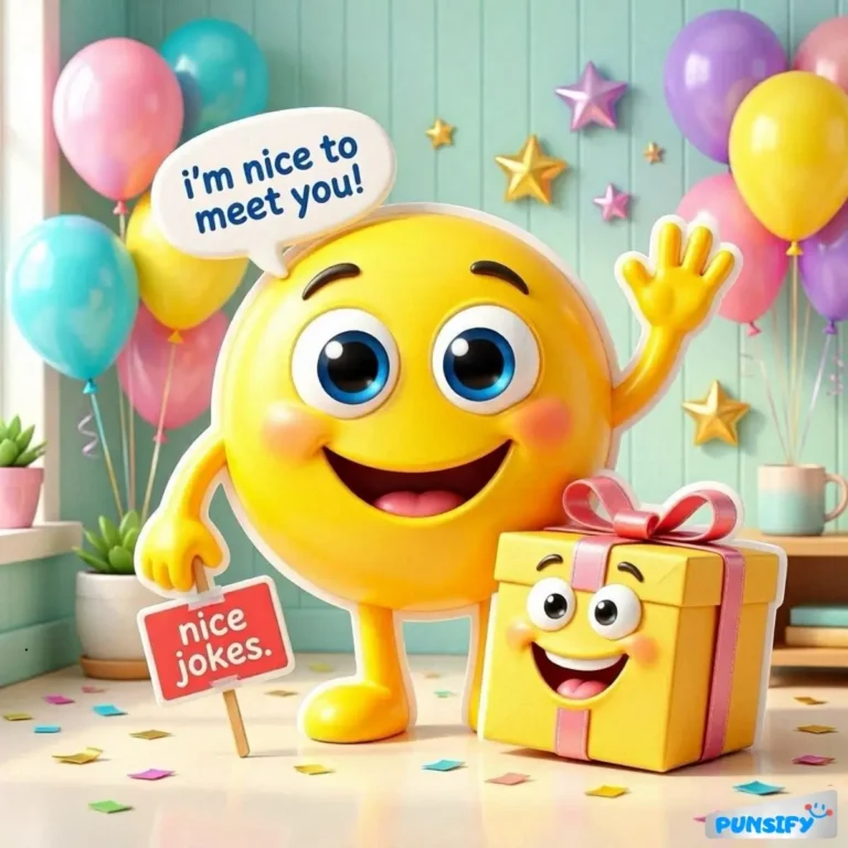 Smiling emoji with a gift, saying, 'I'm nice to meet you!' and holding a sign, 'Nice jokes!'