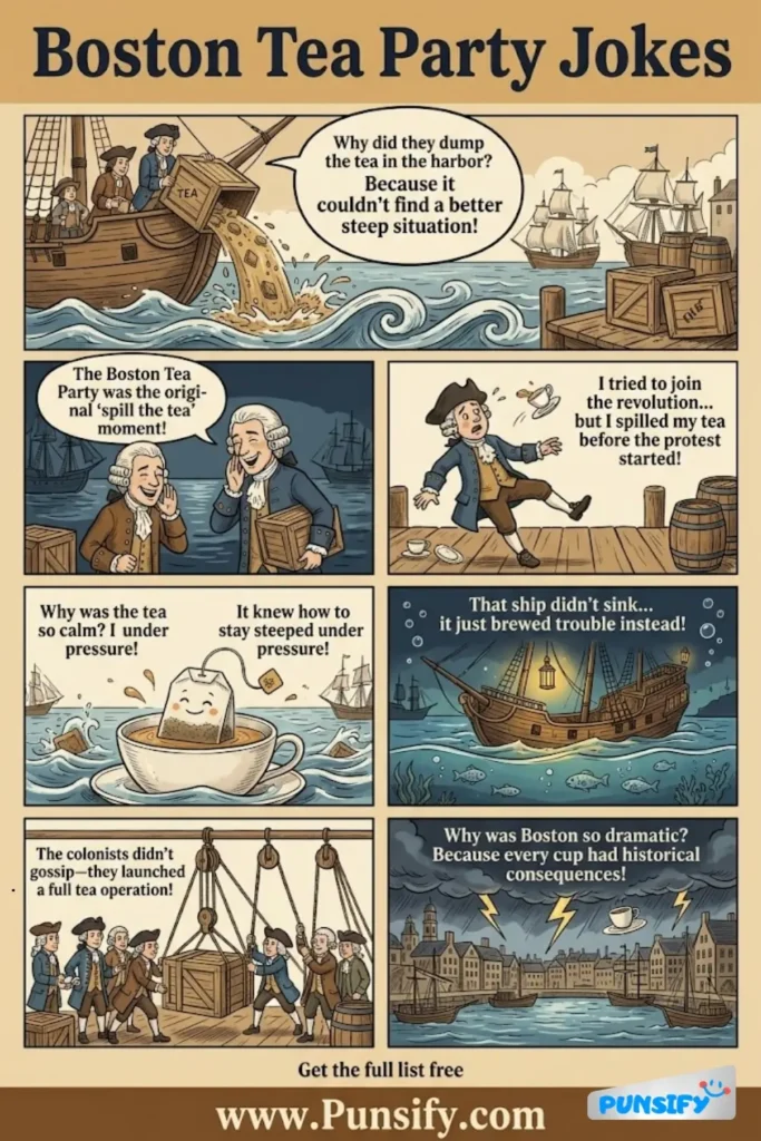 167+ Hilarious Boston Tea Party Jokes & Puns Brewing Up a Laugh Riot in History!
