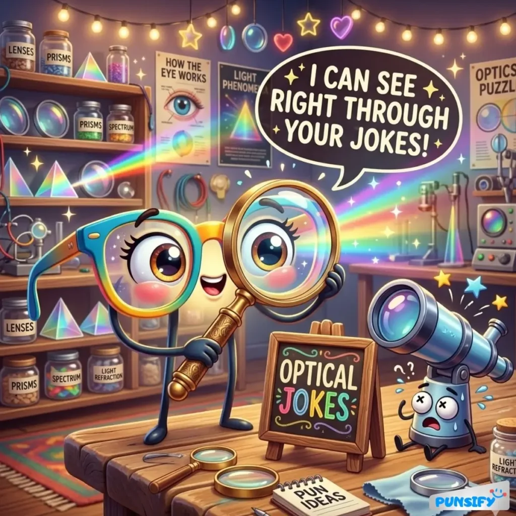 A playful character with glasses holding a magnifying glass, surrounded by colorful optical items.