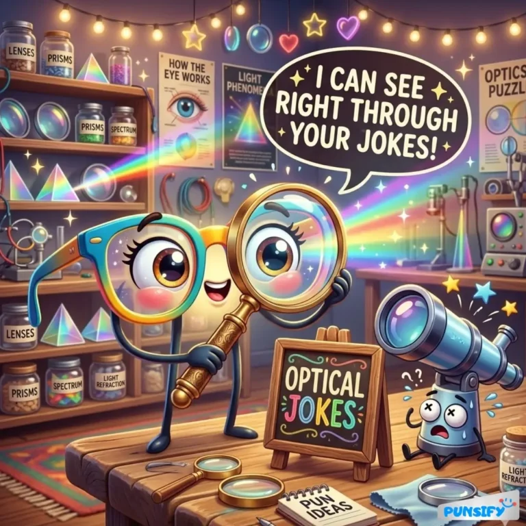 A playful character with glasses holding a magnifying glass, surrounded by colorful optical items.