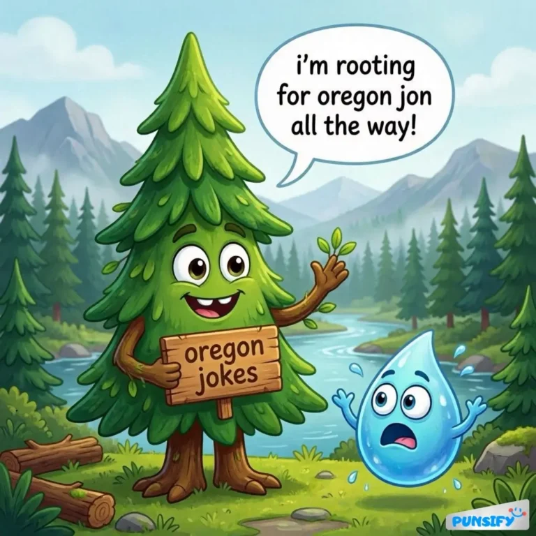 Tree with a sign saying 'oregon jokes' rooting for a droplet named Oregon Jon.