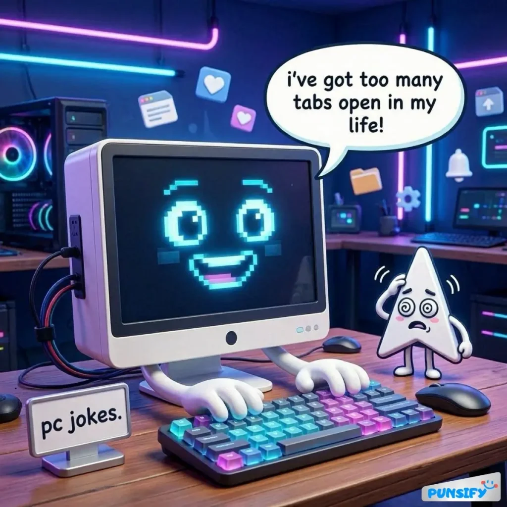 A quirky computer character with a smiling face, surrounded by various app icons and a stressed-out triangular figure.