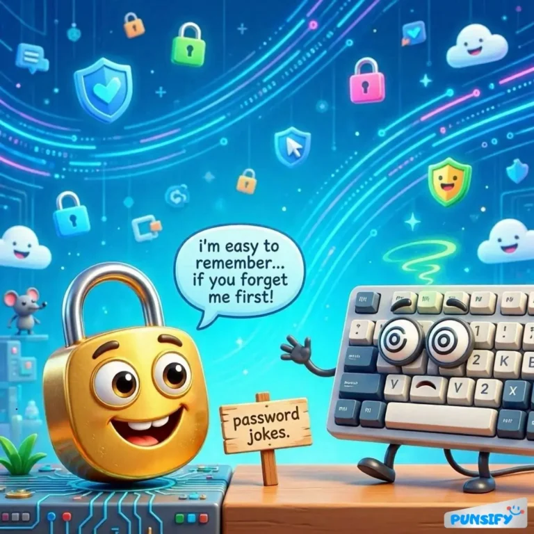 A cheerful padlock and a keyboard with expressive faces share a laugh about password jokes.